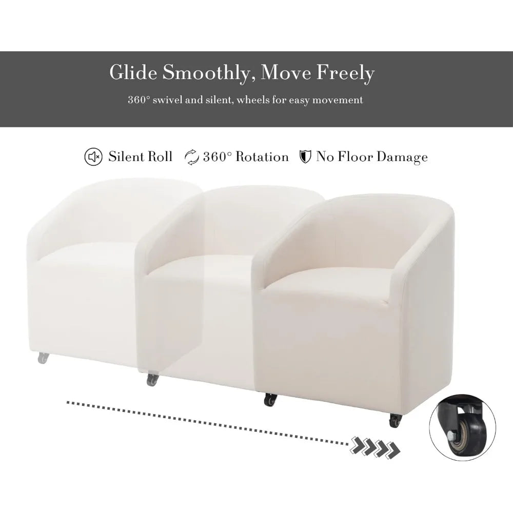 White Swivel Barrel Dining Chairs with Casters Set of 2, Modern Accent Upholstered Dining Room Chairs Comfy Armchair Side