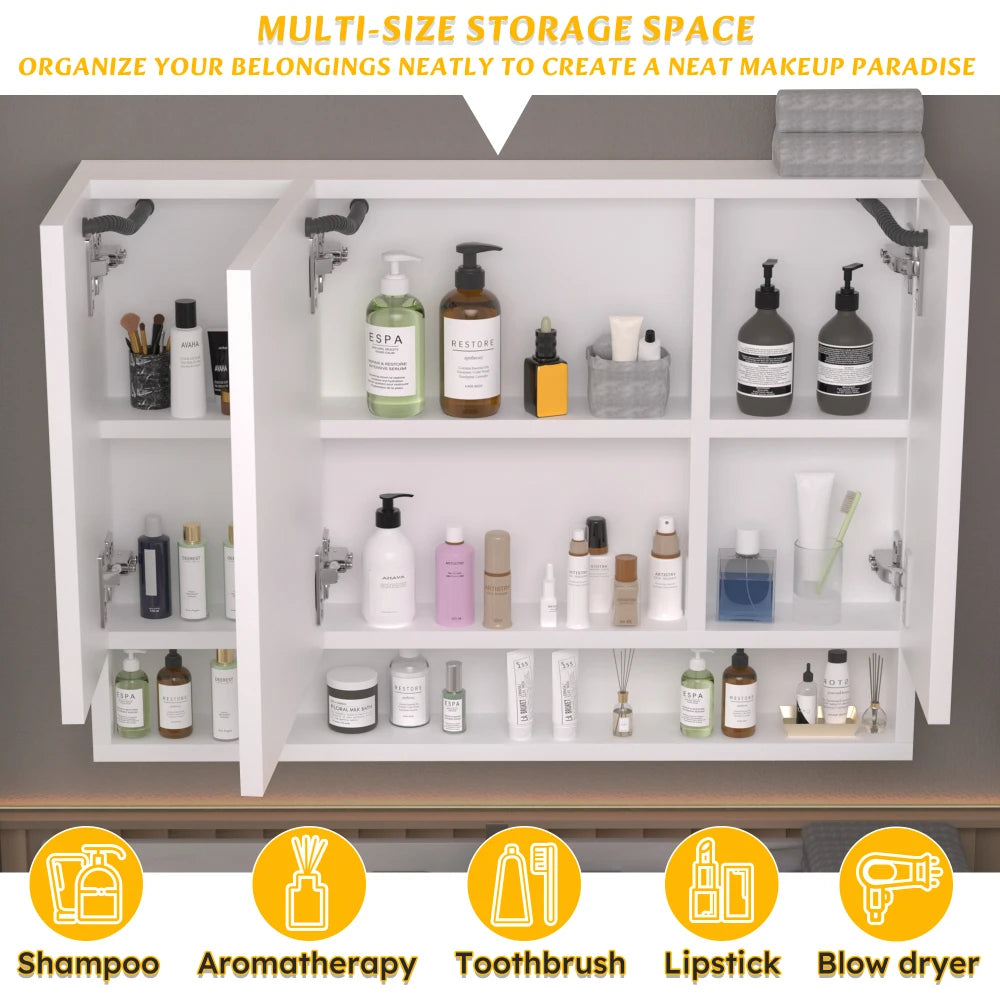 39x28 inches Aluminium Bathroom Cabinets, Mirrors and LED Lights, Multilevel Storage Compartments, Bathroom Storage Cabinet