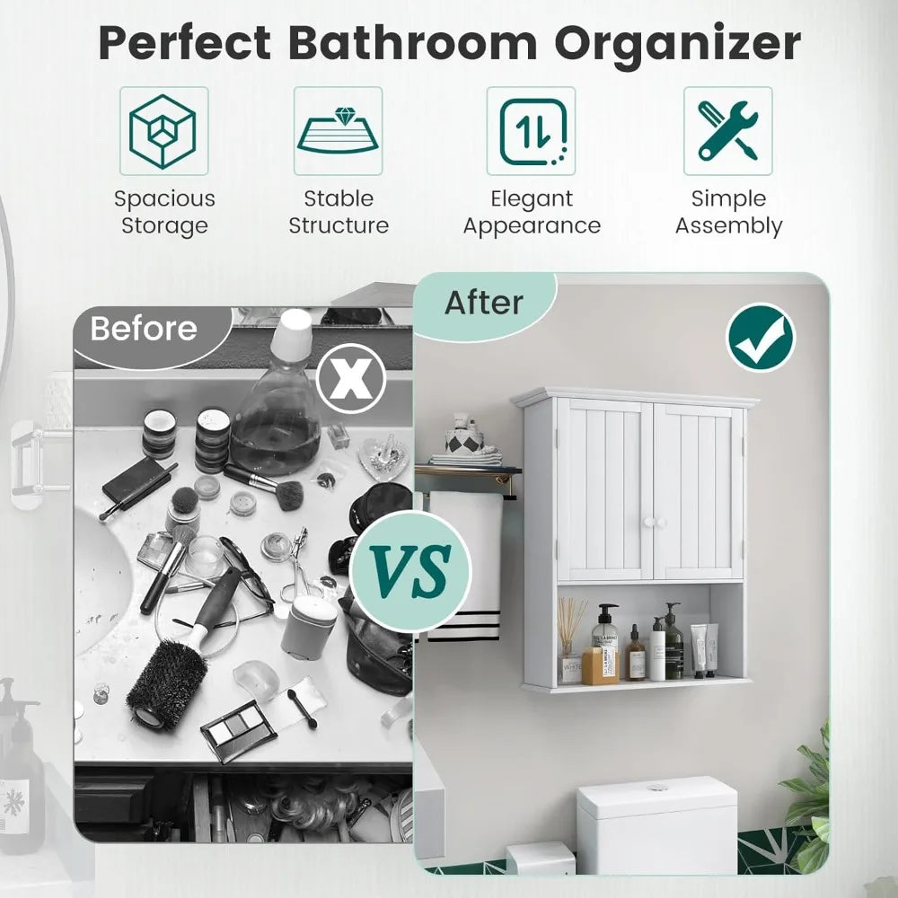 Bathroom Cabinet Wall Mounted, Bathroom Storage Cabinet w/Adjustable Shelf, 2-Door Bathroom Wall Cabinet, Over The Toilet Cabin