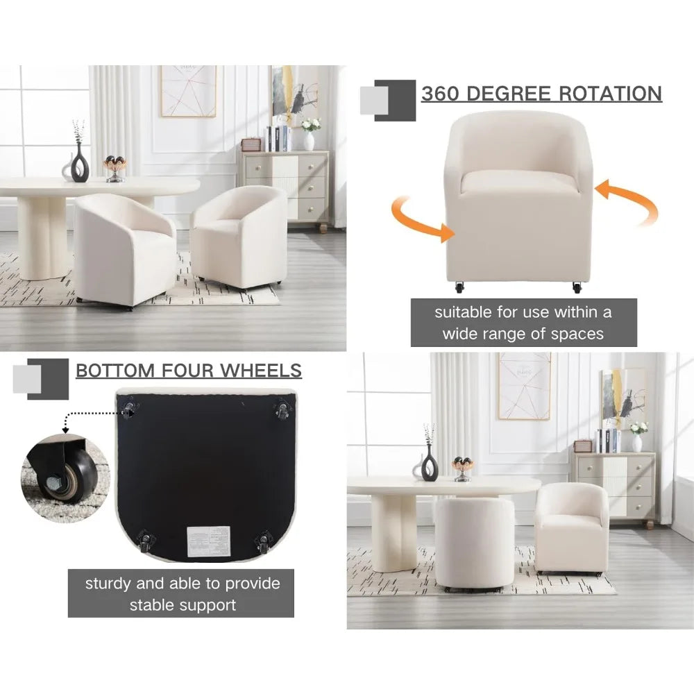 White Swivel Barrel Dining Chairs with Casters Set of 2, Modern Accent Upholstered Dining Room Chairs Comfy Armchair Side