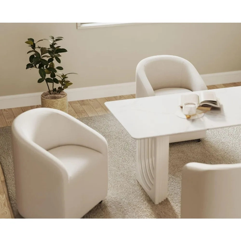White Swivel Barrel Dining Chairs with Casters Set of 2, Modern Accent Upholstered Dining Room Chairs Comfy Armchair Side