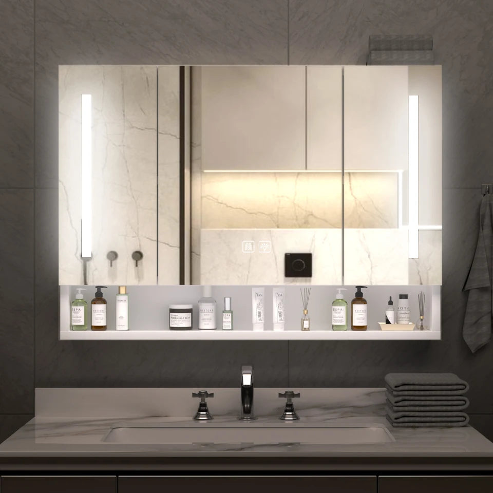 39x28 inches Aluminium Bathroom Cabinets, Mirrors and LED Lights, Multilevel Storage Compartments, Bathroom Storage Cabinet