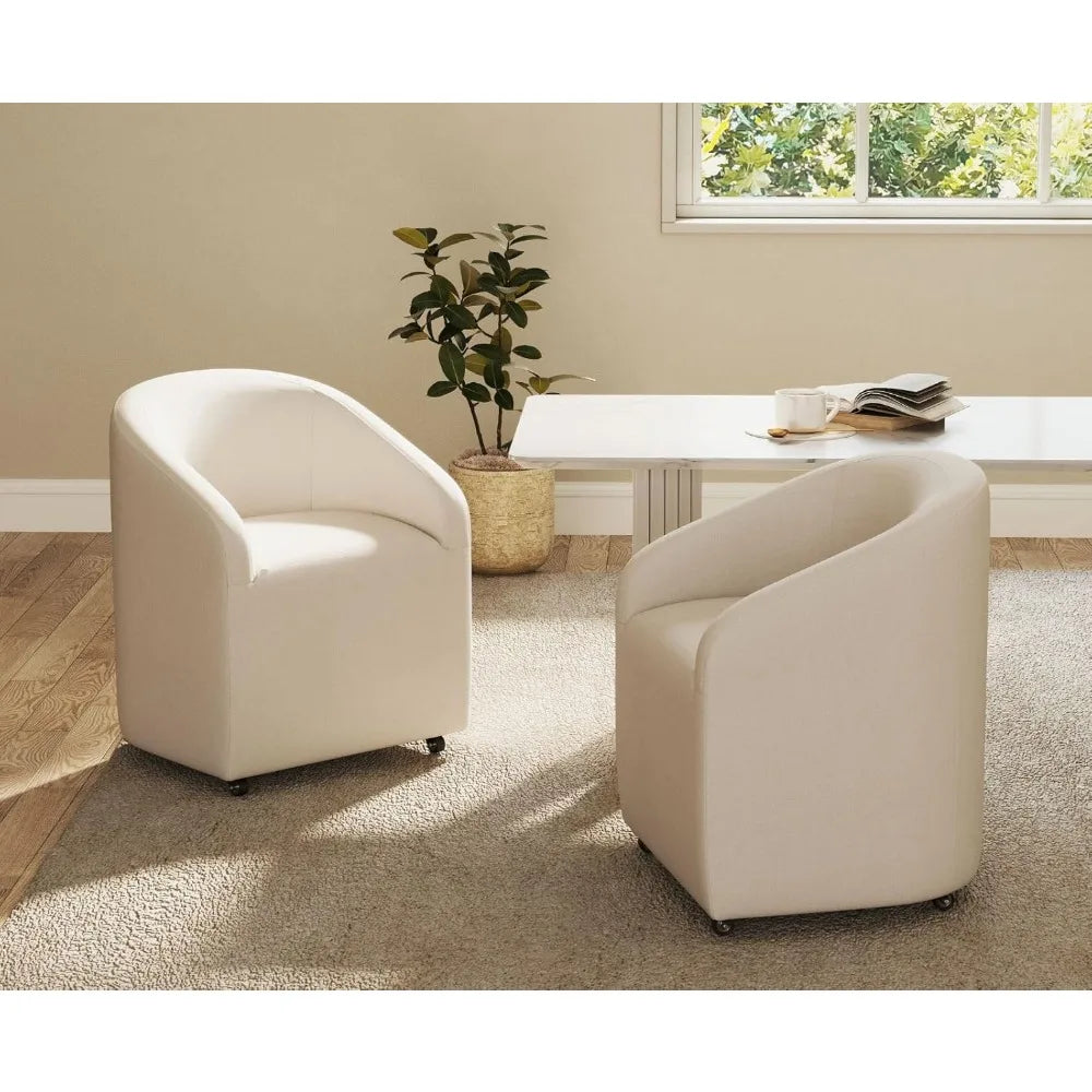 White Swivel Barrel Dining Chairs with Casters Set of 2, Modern Accent Upholstered Dining Room Chairs Comfy Armchair Side