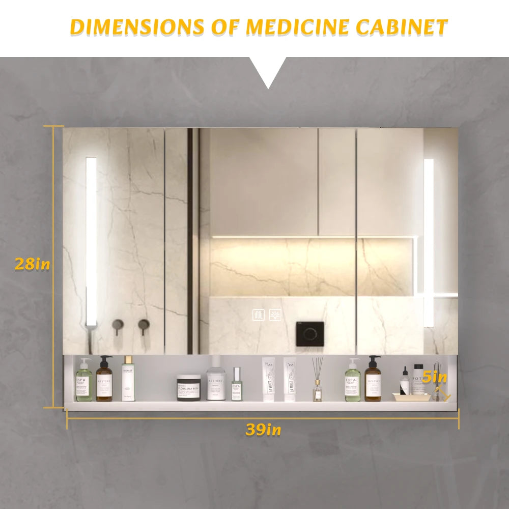 39x28 inches Aluminium Bathroom Cabinets, Mirrors and LED Lights, Multilevel Storage Compartments, Bathroom Storage Cabinet